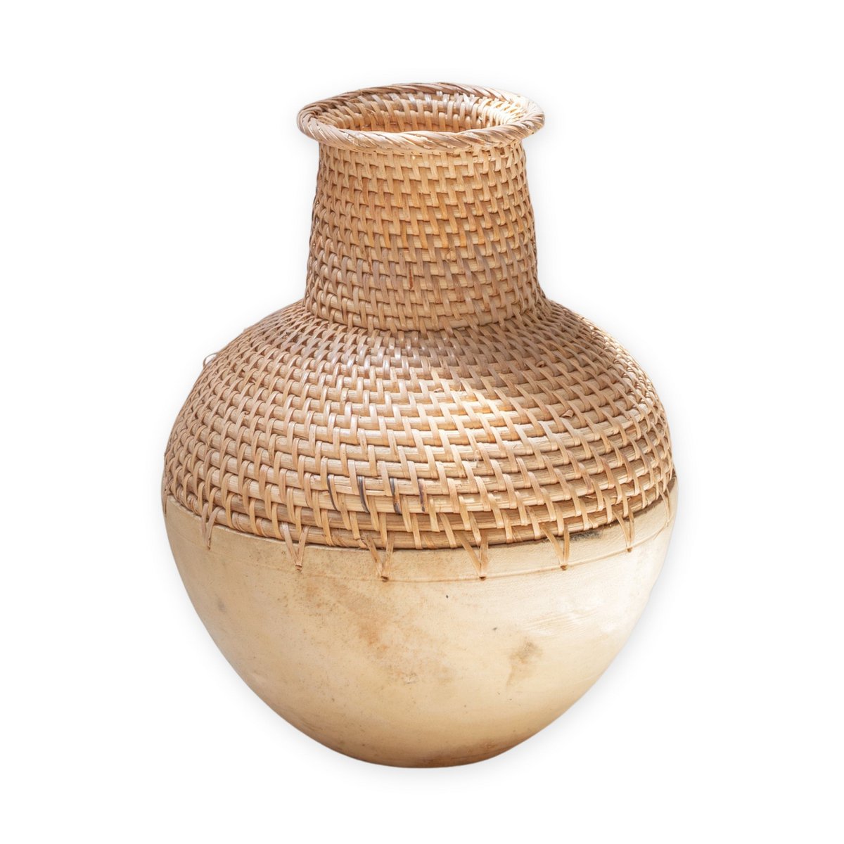 Geflochtene Boho-Vase KAMARI aus Rattan und Holz