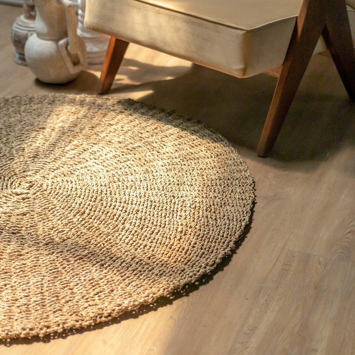 Runder Seegrasteppich 100/120 cm LOKA (2 Größen) Beigefarbener Naturteppich