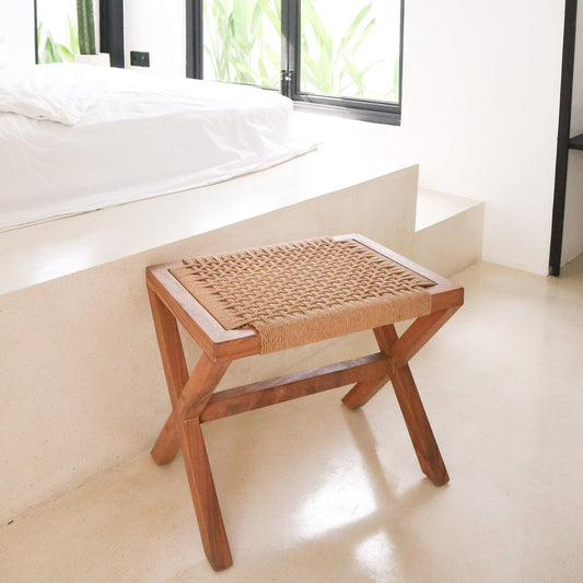 Large wooden stool INDRA (beige) made of Trembesi with a seat made of woven recycled paper