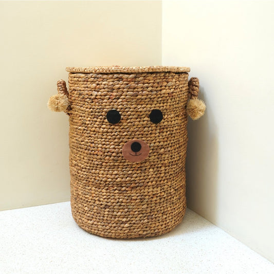 Children's laundry basket with teddy bear face KIYOWO made of water hyacinth woven basket with lid