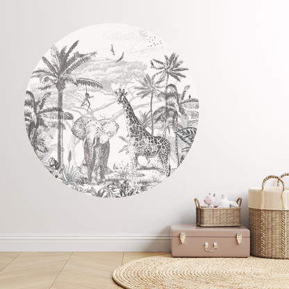 Self-adhesive wallpaper circle with Jungle theme | black and white