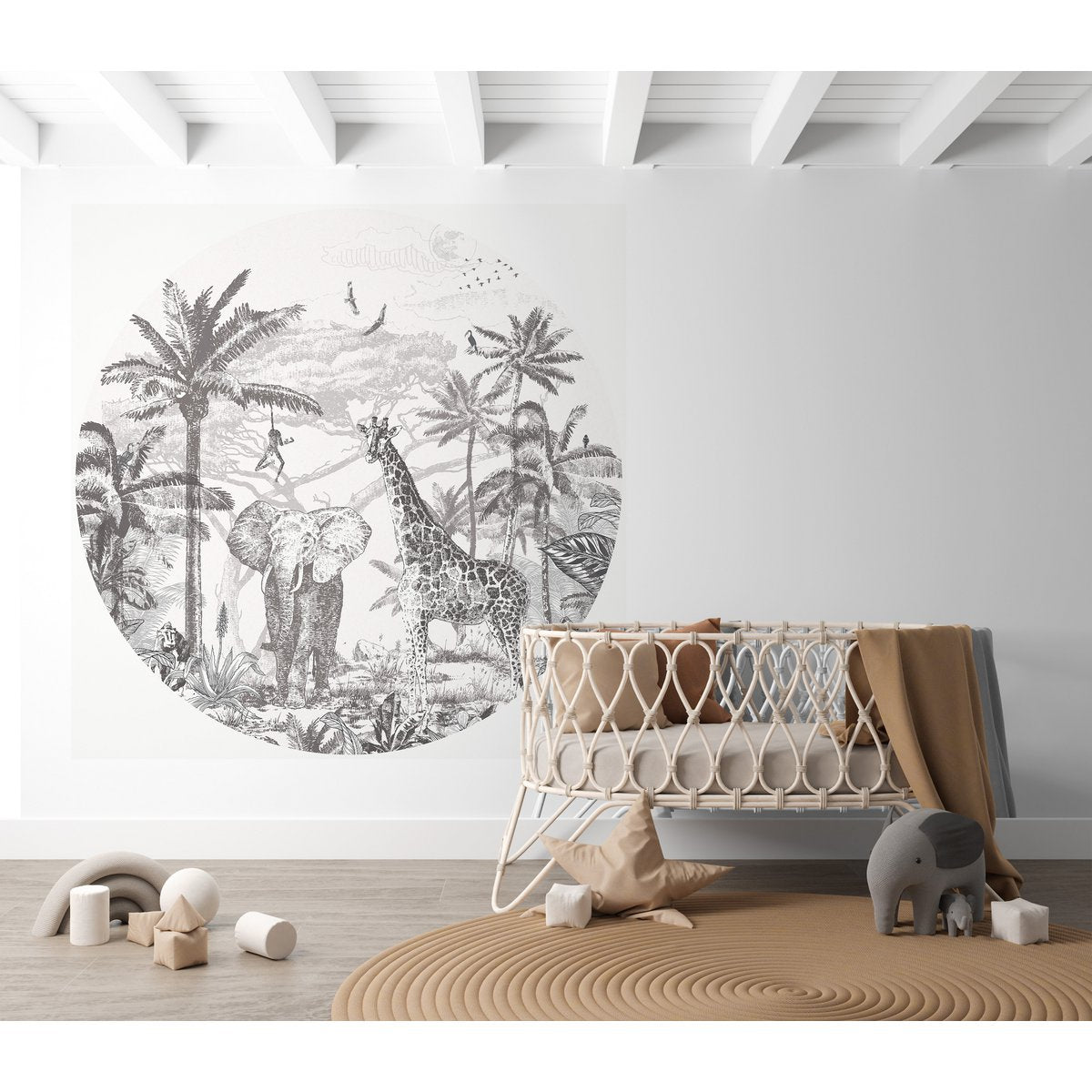 Self-adhesive wallpaper circle with Jungle theme | black and white