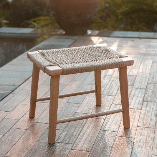 Large wooden stool SUNDA made of Trembesi with a seat made of woven recycled paper