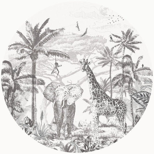 Self-adhesive wallpaper circle with Jungle theme | black and white